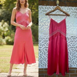 The Westside Pink Satin Slip Dress Size Medium Lace Trim Midi Romcom Core